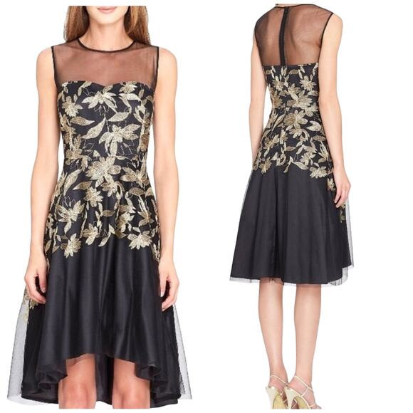 Tahari Embroidered Metallic Floral Illusion Gold Black Cocktail Dress Size 6 - Picture 1 of 16